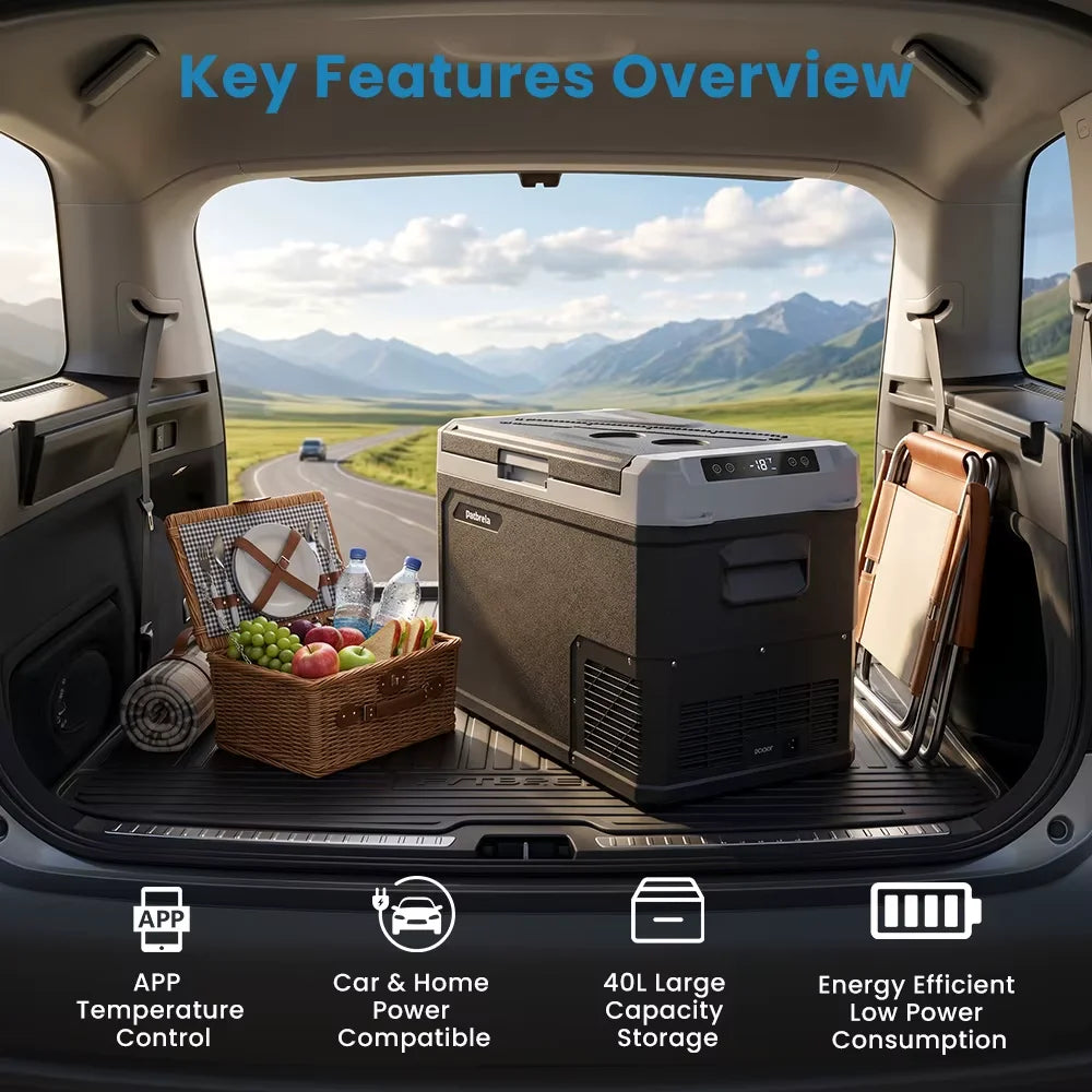 Portable 40L 12V/24V AC 110-220V APP Control Compressor Low Power LED Display Camping Outdoor Dual Zone Car Refrigerator