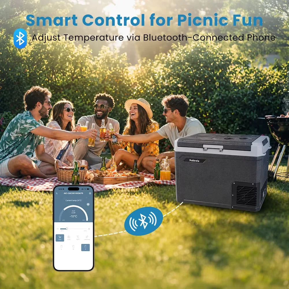 Portable 40L 12V/24V AC 110-220V APP Control Compressor Low Power LED Display Camping Outdoor Dual Zone Car Refrigerator
