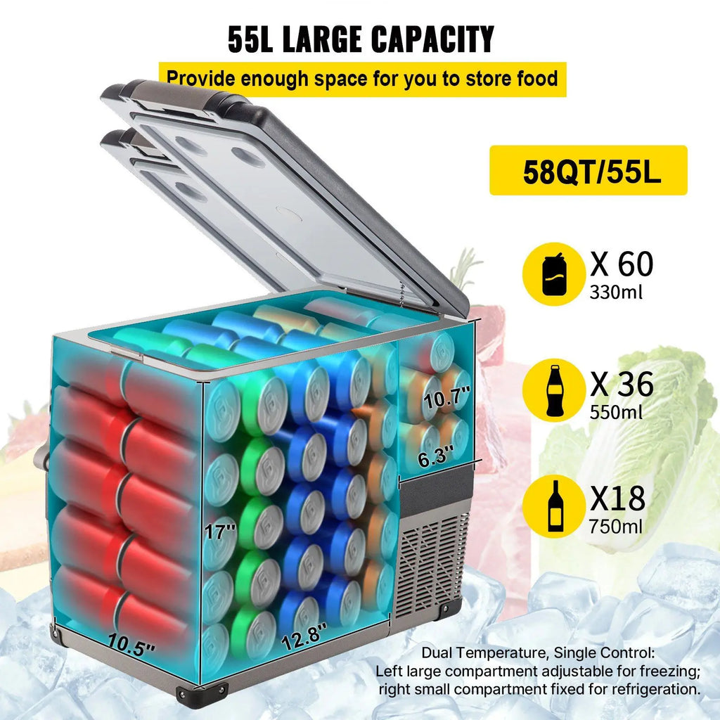 58 Qt Dual Zone Portable Freezer 12 Volt Car Refrigerator with Cooler Compressor 110-240V DC for 24-Hour Use